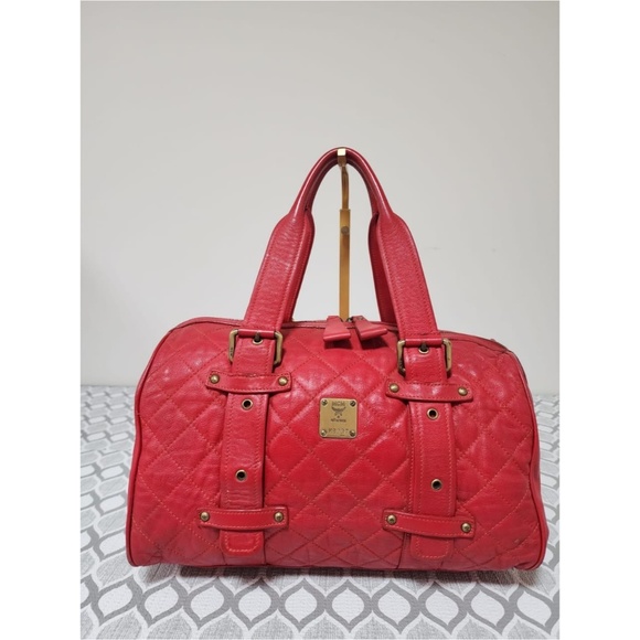 Authentic MCM Quilted Boston Leather Bag Red - Picture 1 of 14